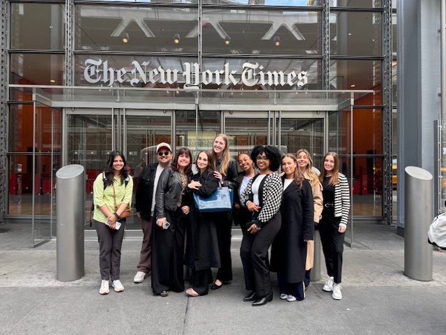 Students pose outside of The New York Times offices in NYC.