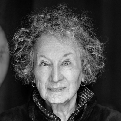 Black and white photo of Margaret Atwood